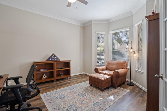 18430 S Settlers Shore Dr, Cypress, TX 77433 - office area featuring a ceiling fan, dark wood-type flooring, ornamental molding, and baseboards