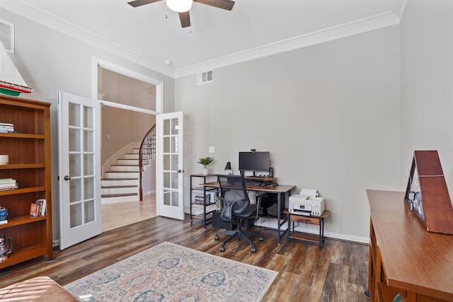 18430 S Settlers Shore Dr, Cypress, TX 77433 - office with french doors, crown molding, wood finished floors, ceiling fan, and baseboards