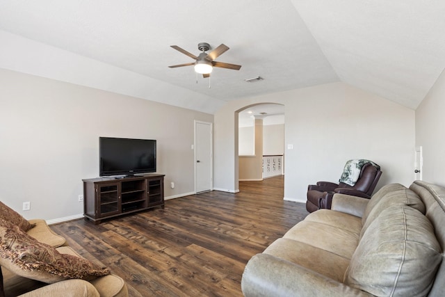 18430 S Settlers Shore Dr, Cypress, TX 77433 - living room featuring a ceiling fan, arched walkways, lofted ceiling, wood finished floors, and baseboards