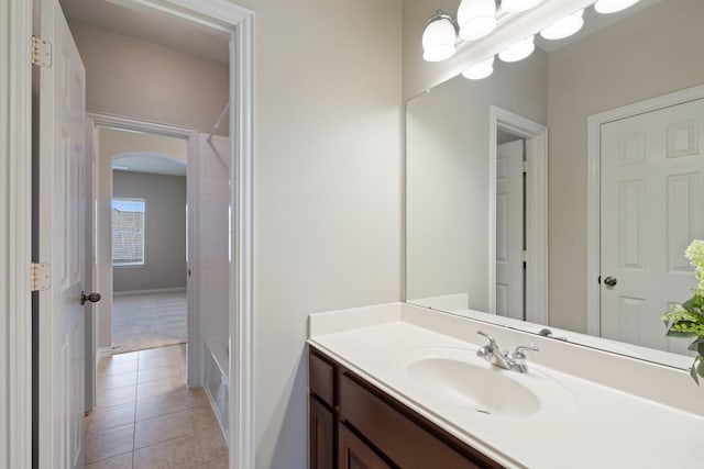 18430 S Settlers Shore Dr, Cypress, TX 77433 - bathroom featuring vanity, tile patterned floors, and  shower combination