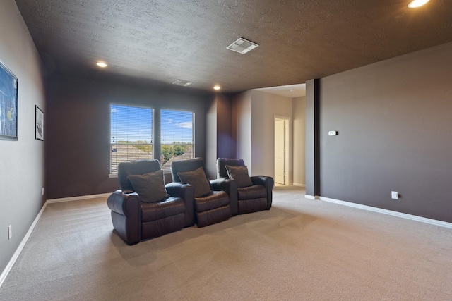 18430 S Settlers Shore Dr, Cypress, TX 77433 - home theater room featuring light colored carpet, baseboards, recessed lighting, and a textured ceiling