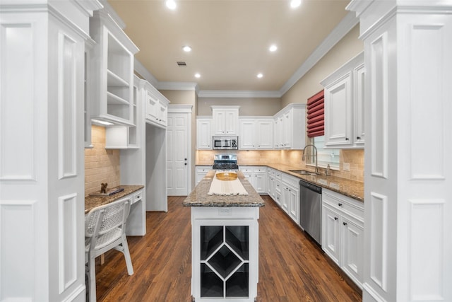 1332 W 25th St Unit A, Houston, TX 77008 - kitchen featuring open shelves, appliances with stainless steel finishes, ornamental molding, a sink, and tasteful backsplash