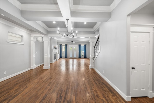 1332 W 25th St Unit A, Houston, TX 77008 - unfurnished living room with ornate columns, a chandelier, wood finished floors, ornamental molding, and beam ceiling