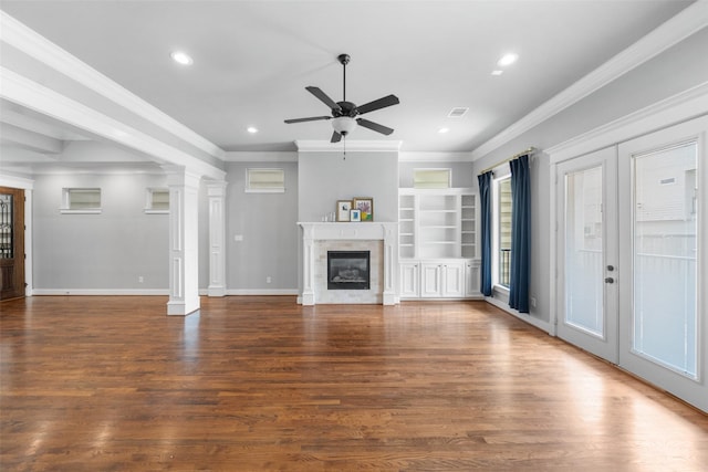 1332 W 25th St Unit A, Houston, TX 77008 - unfurnished living room with ceiling fan, recessed lighting, wood finished floors, ornamental molding, and a glass covered fireplace