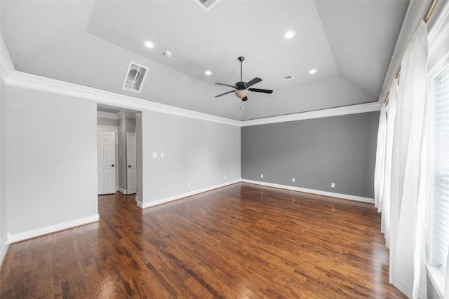 1332 W 25th St Unit A, Houston, TX 77008 - spare room featuring ceiling fan, recessed lighting, baseboards, dark wood-style flooring, and crown molding