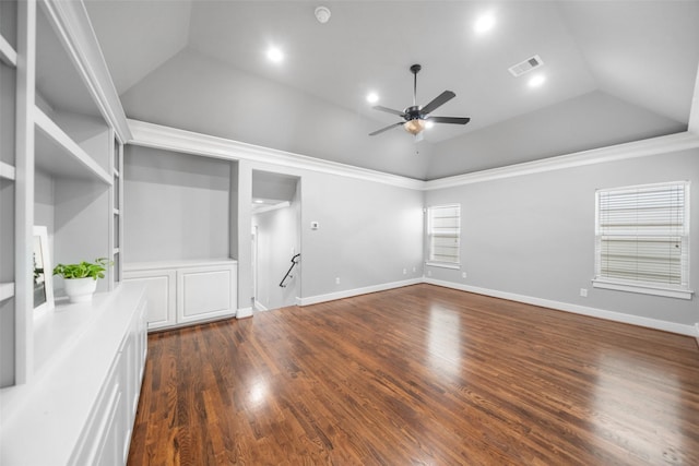 1332 W 25th St Unit A, Houston, TX 77008 - empty room featuring lofted ceiling, ceiling fan, dark wood finished floors, recessed lighting, and baseboards