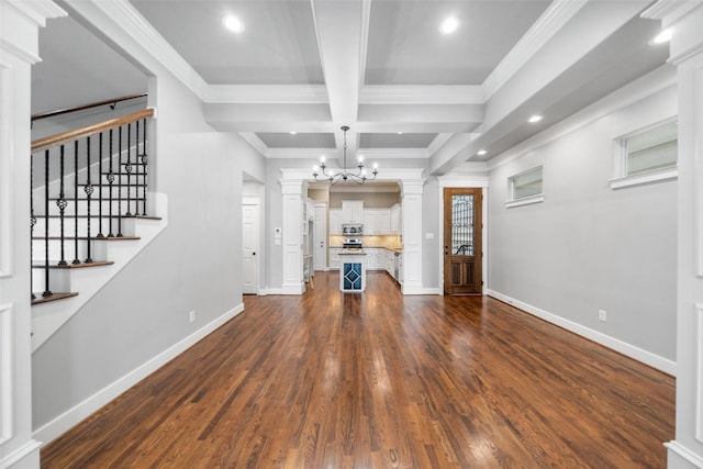 1332 W 25th St Unit A, Houston, TX 77008 - unfurnished living room featuring baseboards, coffered ceiling, ornate columns, beamed ceiling, and crown molding