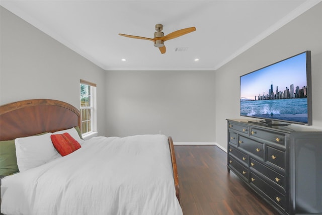 9206 Gene St, Needville, TX 77461 - bedroom with dark wood-style flooring, ornamental molding, ceiling fan, and recessed lighting