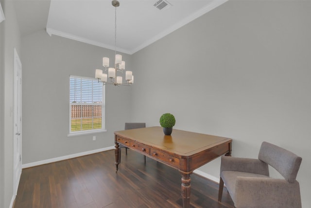 9206 Gene St, Needville, TX 77461 - home office featuring a chandelier, vaulted ceiling, wood finished floors, and ornamental molding