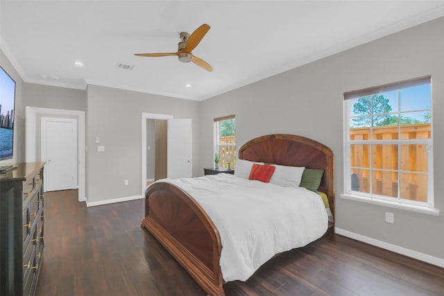 9206 Gene St, Needville, TX 77461 - bedroom featuring dark wood finished floors, ornamental molding, recessed lighting, and ceiling fan