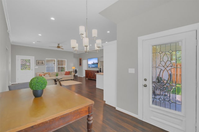 9206 Gene St, Needville, TX 77461 - dining area with dark wood-style flooring, a chandelier, recessed lighting, and a ceiling fan