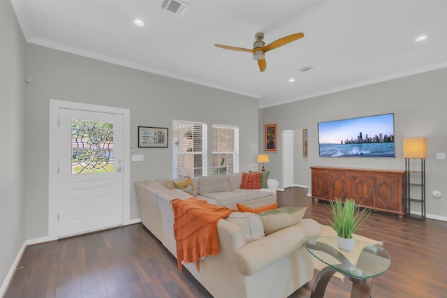 9206 Gene St, Needville, TX 77461 - living area featuring ornamental molding, a ceiling fan, dark wood-style flooring, and recessed lighting