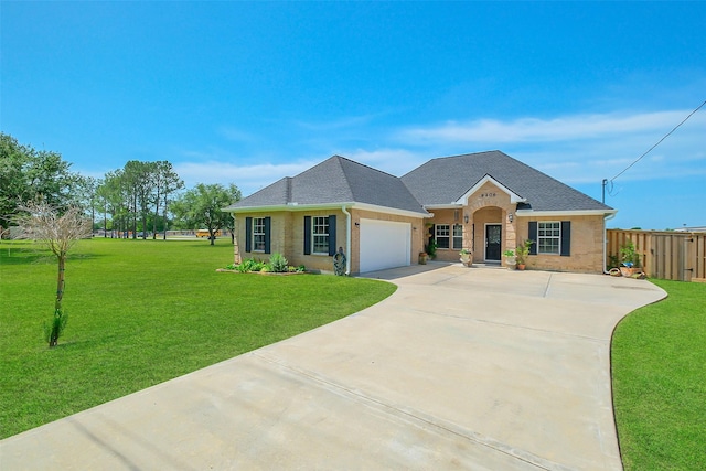 9206 Gene St, Needville, TX 77461 - ranch-style house featuring a garage, concrete driveway, roof with shingles, and brick siding