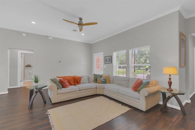 9206 Gene St, Needville, TX 77461 - living room featuring crown molding, dark wood-style flooring, ceiling fan, and recessed lighting