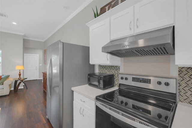 9206 Gene St, Needville, TX 77461 - kitchen with stainless steel appliances, extractor fan, crown molding, backsplash, and white cabinets
