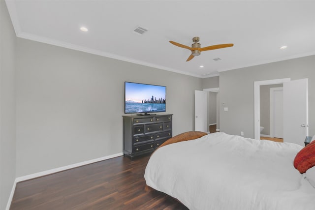 9206 Gene St, Needville, TX 77461 - bedroom with wood finished floors, crown molding, recessed lighting, and ceiling fan