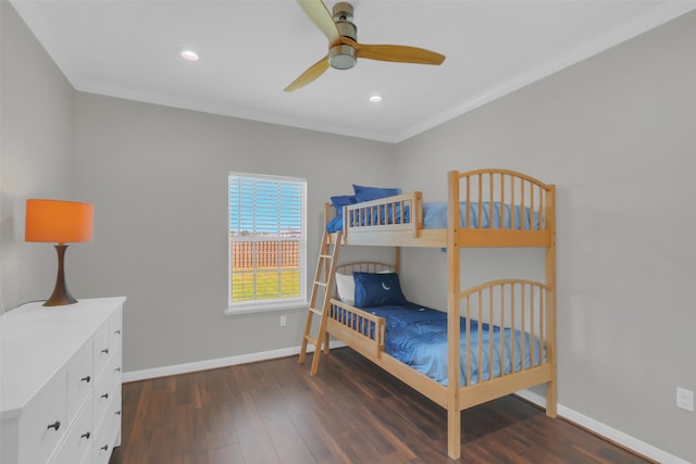 9206 Gene St, Needville, TX 77461 - bedroom with dark wood-style floors, ornamental molding, recessed lighting, and a ceiling fan