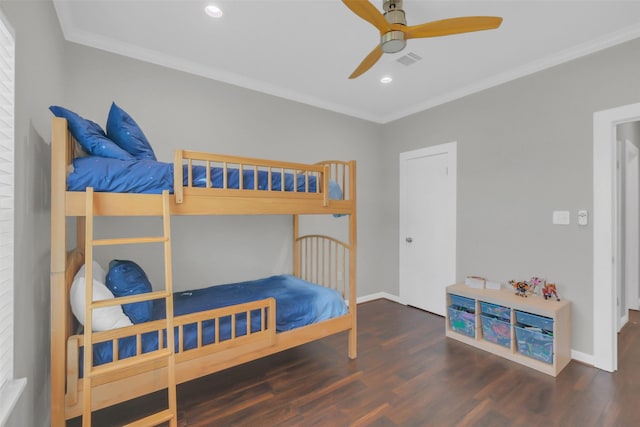 9206 Gene St, Needville, TX 77461 - bedroom featuring crown molding, wood finished floors, recessed lighting, and a ceiling fan