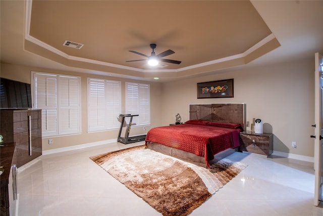 1115 Haye Rd, Friendswood, TX 77546 - tiled bedroom featuring a tray ceiling, ornamental molding, baseboards, and ceiling fan