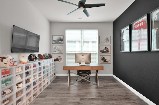 17413 Turtleweed Ln, Conroe, TX 77385 - office with ceiling fan, wood finished floors, and baseboards
