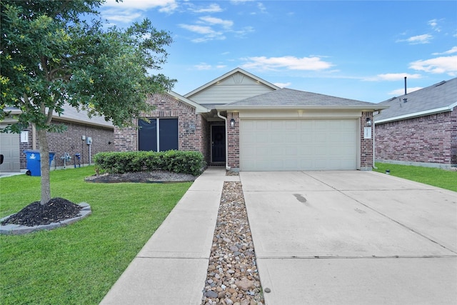 15482 Sicomoro Viejo St, Channelview, TX 77530 - ranch-style house with a garage, brick siding, a front lawn, and concrete driveway