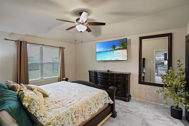 15482 Sicomoro Viejo St, Channelview, TX 77530 - bedroom featuring light marble finish flooring, baseboards, ceiling fan, and stainless steel fridge