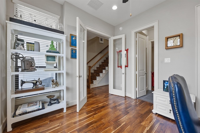 3909 Rose St, Houston, TX 77007 - office area with french doors, wood finished floors, baseboards, and a ceiling fan