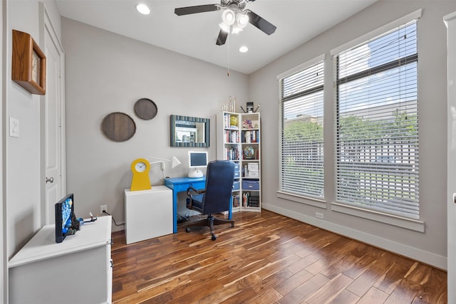 3909 Rose St, Houston, TX 77007 - office area featuring wood finished floors, baseboards, a ceiling fan, and recessed lighting