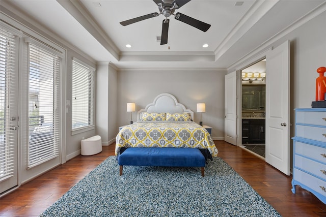 3909 Rose St, Houston, TX 77007 - bedroom featuring a tray ceiling, access to outside, dark wood-style floors, connected bathroom, and ceiling fan