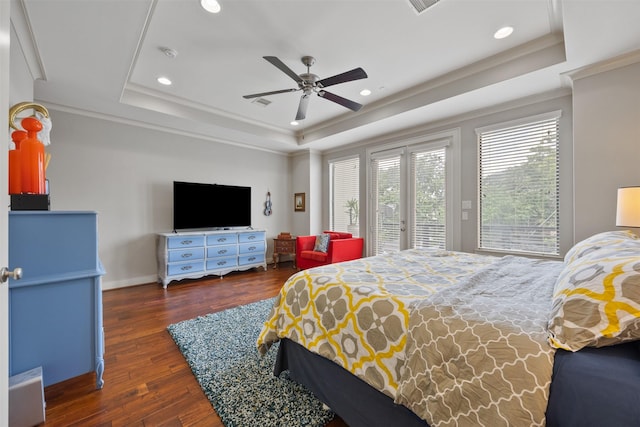 3909 Rose St, Houston, TX 77007 - bedroom featuring a tray ceiling, access to outside, recessed lighting, wood finished floors, and ornamental molding
