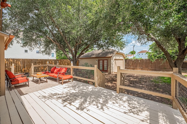 901 W 21st St, Houston, TX 77008 - wooden terrace with a fenced backyard, an outdoor hangout area, and an outbuilding