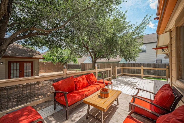 901 W 21st St, Houston, TX 77008 - wooden deck featuring french doors, an outdoor living space, and a fenced backyard