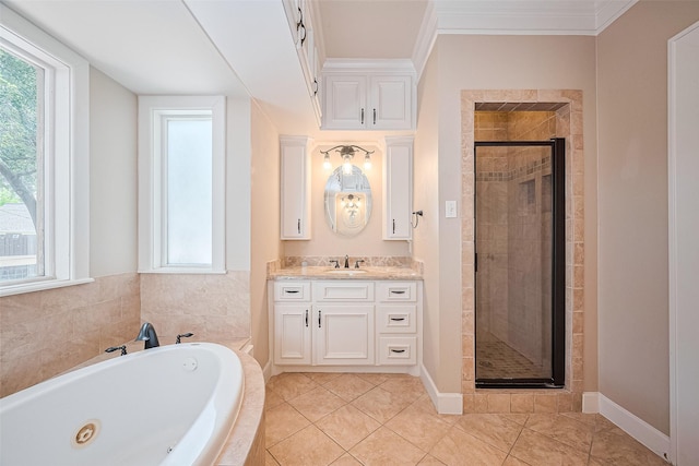 901 W 21st St, Houston, TX 77008 - full bathroom with a tub with jets, a shower stall, vanity, healthy amount of natural light, and ornamental molding