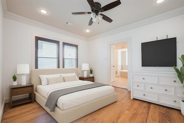901 W 21st St, Houston, TX 77008 - bedroom featuring ornamental molding, light wood-style flooring, recessed lighting, ensuite bathroom, and a ceiling fan