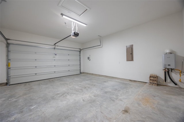 825 Coronado Terrace Ln, Katy, TX 77493 - garage with electric panel, a garage door opener, and tankless water heater