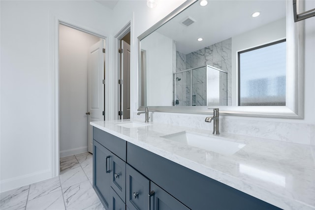 825 Coronado Terrace Ln, Katy, TX 77493 - full bath featuring double vanity, a marble finish shower, marble look tiles, and recessed lighting