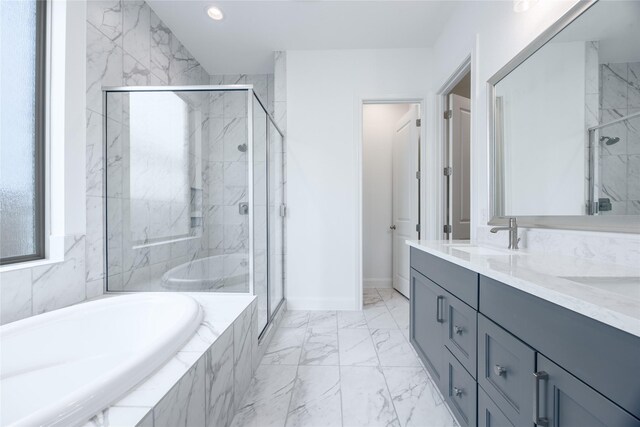 825 Coronado Terrace Ln, Katy, TX 77493 - full bath with a garden tub, double vanity, a marble finish shower, marble look tile flooring, and recessed lighting