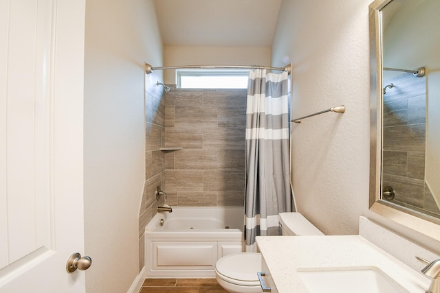 2234 Clements Shore Ln, La Porte, TX 77571 - full bath featuring toilet, shower / tub combo with curtain, vanity, and wood finished floors