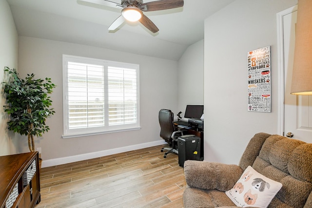 2234 Clements Shore Ln, La Porte, TX 77571 - office area with light wood finished floors, ceiling fan, baseboards, and vaulted ceiling