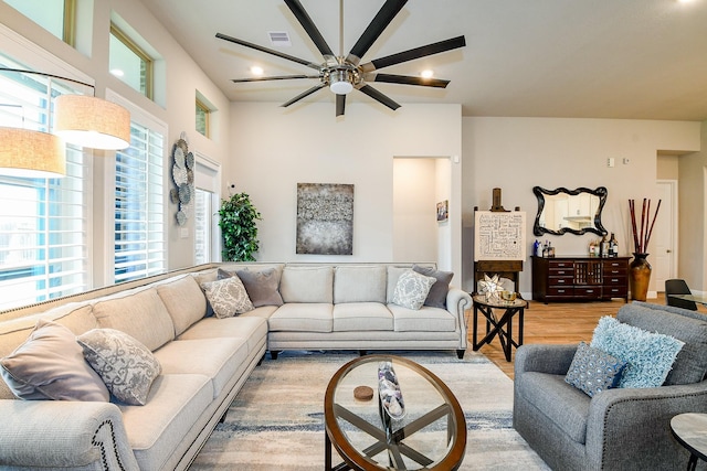 2234 Clements Shore Ln, La Porte, TX 77571 - living room featuring ceiling fan, light wood-style floors, and recessed lighting