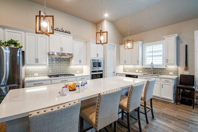 2234 Clements Shore Ln, La Porte, TX 77571 - kitchen with appliances with stainless steel finishes, a sink, under cabinet range hood, white cabinetry, and decorative backsplash