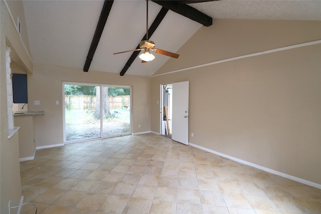 3911 Hermitage Hollow Ln, Houston, TX 77339 - spare room with beam ceiling, high vaulted ceiling, ceiling fan, baseboards, and light tile patterned flooring