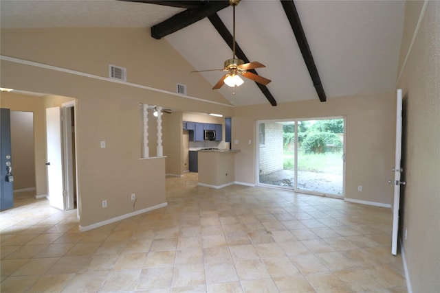 3911 Hermitage Hollow Ln, Houston, TX 77339 - unfurnished living room with high vaulted ceiling, ceiling fan, beamed ceiling, light tile patterned floors, and baseboards