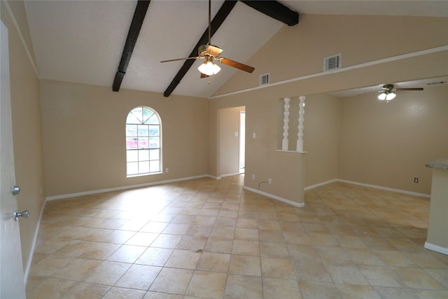 3911 Hermitage Hollow Ln, Houston, TX 77339 - spare room with ceiling fan, beam ceiling, light tile patterned floors, high vaulted ceiling, and baseboards