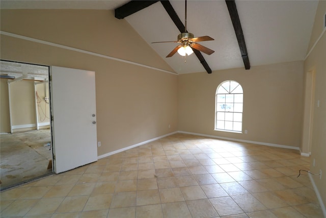 3911 Hermitage Hollow Ln, Houston, TX 77339 - unfurnished room with a ceiling fan, beamed ceiling, baseboards, high vaulted ceiling, and light tile patterned flooring