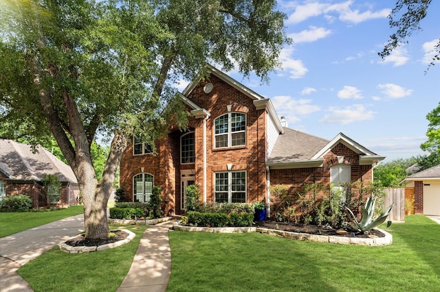 4807 Louisa Ct, Sugar Land, TX 77478 - traditional-style house with brick siding, a front yard, and a shingled roof