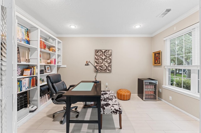 4807 Louisa Ct, Sugar Land, TX 77478 - office featuring a textured ceiling, ornamental molding, recessed lighting, and baseboards