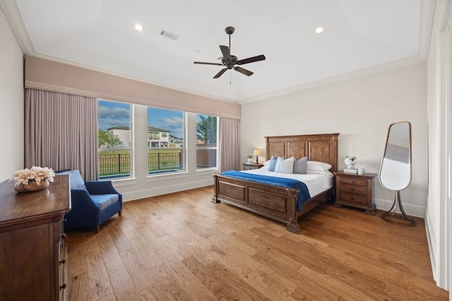 2319 Wyndam Heights Ln, Houston, TX 77077 - bedroom with light wood-style floors, ornamental molding, recessed lighting, ceiling fan, and baseboards