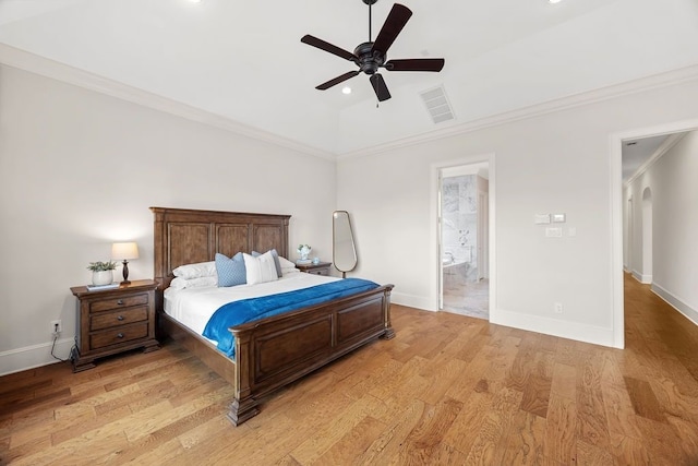 2319 Wyndam Heights Ln, Houston, TX 77077 - bedroom featuring crown molding, light wood finished floors, baseboards, recessed lighting, and ensuite bathroom