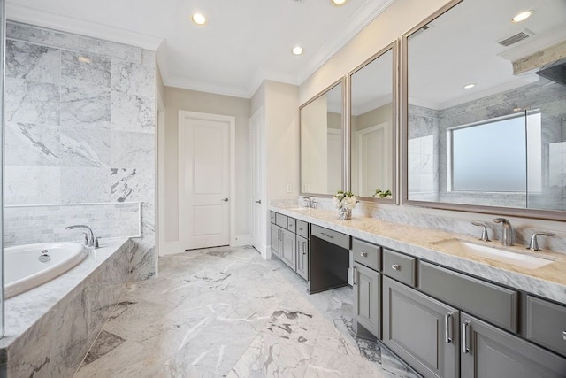 2319 Wyndam Heights Ln, Houston, TX 77077 - full bath with ornamental molding, double vanity, a bath, recessed lighting, and marble tiled flooring